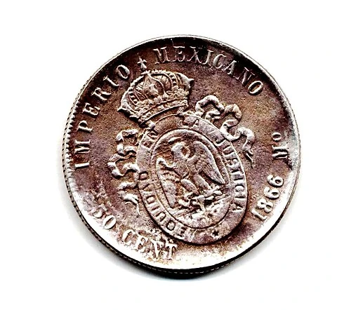 1866 Mexican Historical .903 Silver 50 Centavos reverse: Crowned Imperial arms, 50 CENT and 1866 Mo