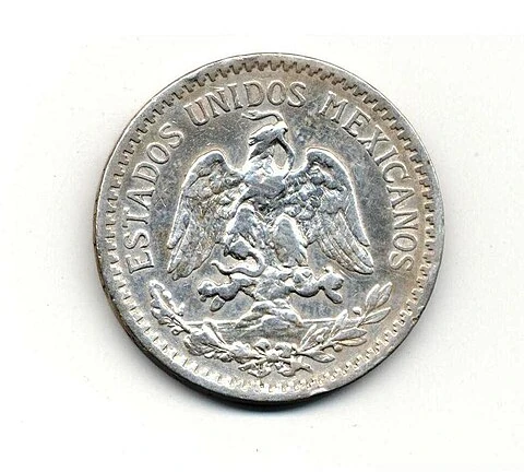 1919 Mexican Reduced-Size .800 Silver Fifty Centavos obverse: Mexican national arms without the .720 marking
