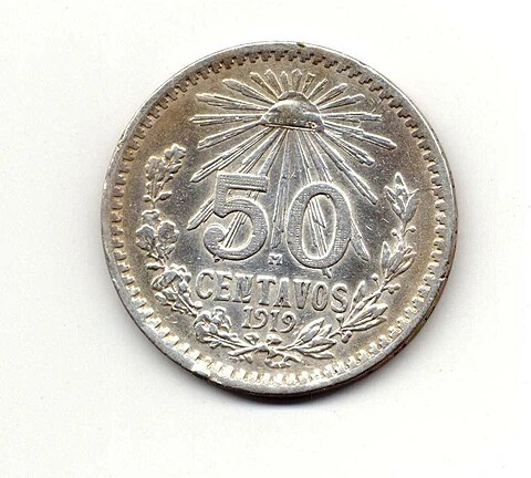 1919 Mexican Reduced-Size .800 Silver Fifty Centavos reverse: Radiant Liberty cap, 50 CENTAVOS and1919