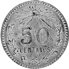 Mexican .720 Silver Fifty Centavos reverse: Radiant Liberty cap and50CENTAVOS