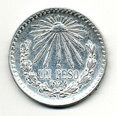1924 Mexican .720 Silver Peso — Exact Issue Years and Silver Content reverse — Liberty cap, UN PESO and1924 date