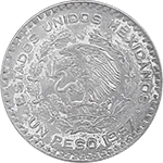 1960 Mexican .100 Silver Peso — 1957–1967 obverse: Mexican national arms and1960