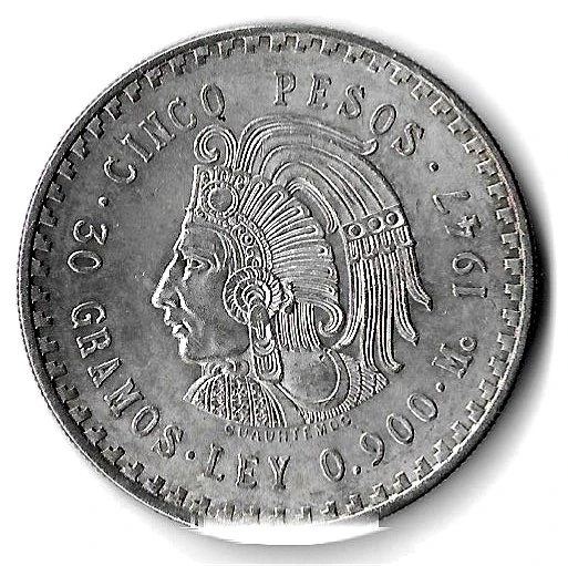 1947 KM465 Cuauhtémoc five pesos reverse — portrait, denomination or dated type legends