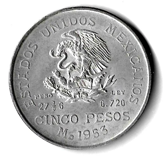 1953 KM467 Hidalgo-portrait five pesos obverse — national arms and surrounding legends
