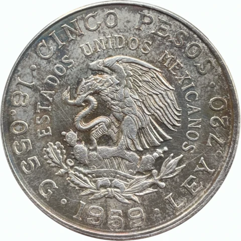 1959 KM471 Carranza five pesos obverse — national arms and surrounding legends