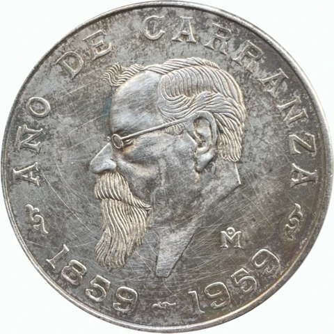 1959 KM471 Carranza five pesos reverse — portrait, denomination or dated type legends