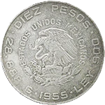 1955 Mexican .900 Silver Ten Pesos — Actual1955–1960 Issues obverse: Mexican national arms and1955