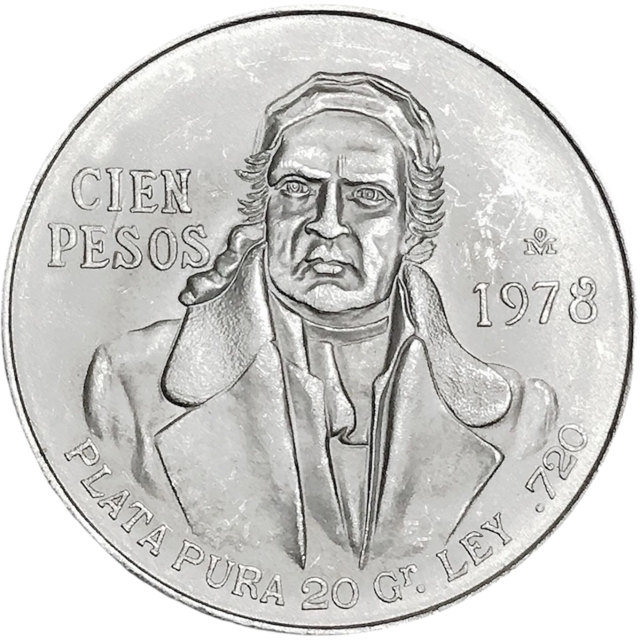 1978 Mexican .720 Silver One Hundred Pesos — Morelos reverse: Morelos portrait, CIEN PESOS and 1978