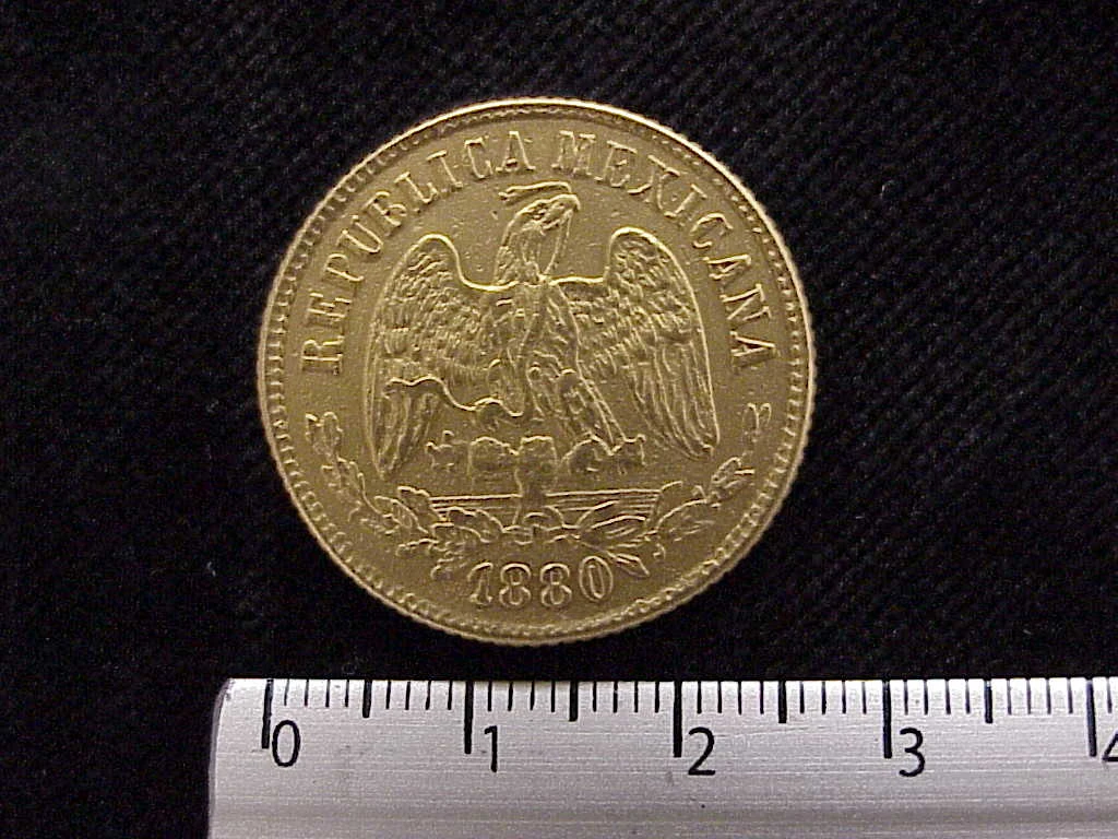 Obverse of a Mexican 1880 gold ten pesos coin showing the national eagle and date.