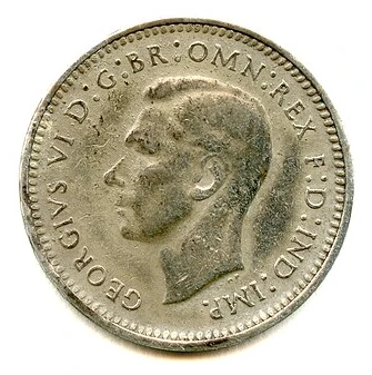 1943-D Australian sterling threepence obverse — George VI bare head facing left