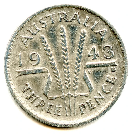 1943-D Australian sterling threepence reverse — three wheat stalks, date 1943 and D mintmark
