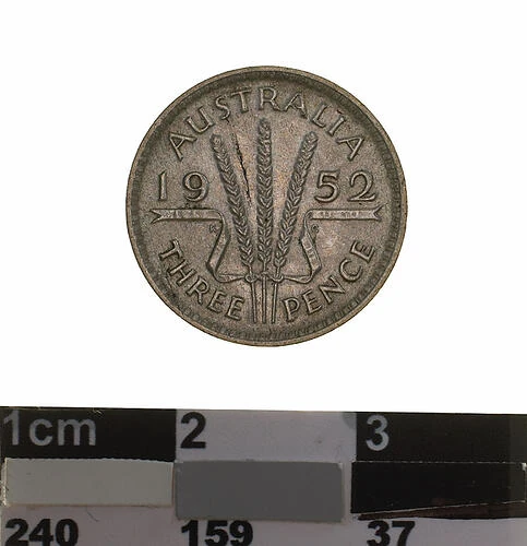 1952 Australian half-silver threepence reverse — wheat stalks dividing 1952, with original museum scale