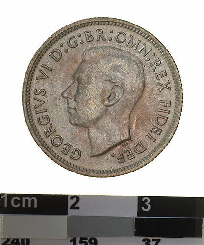 1952 Australian half-silver shilling obverse — George VI portrait with original museum scale