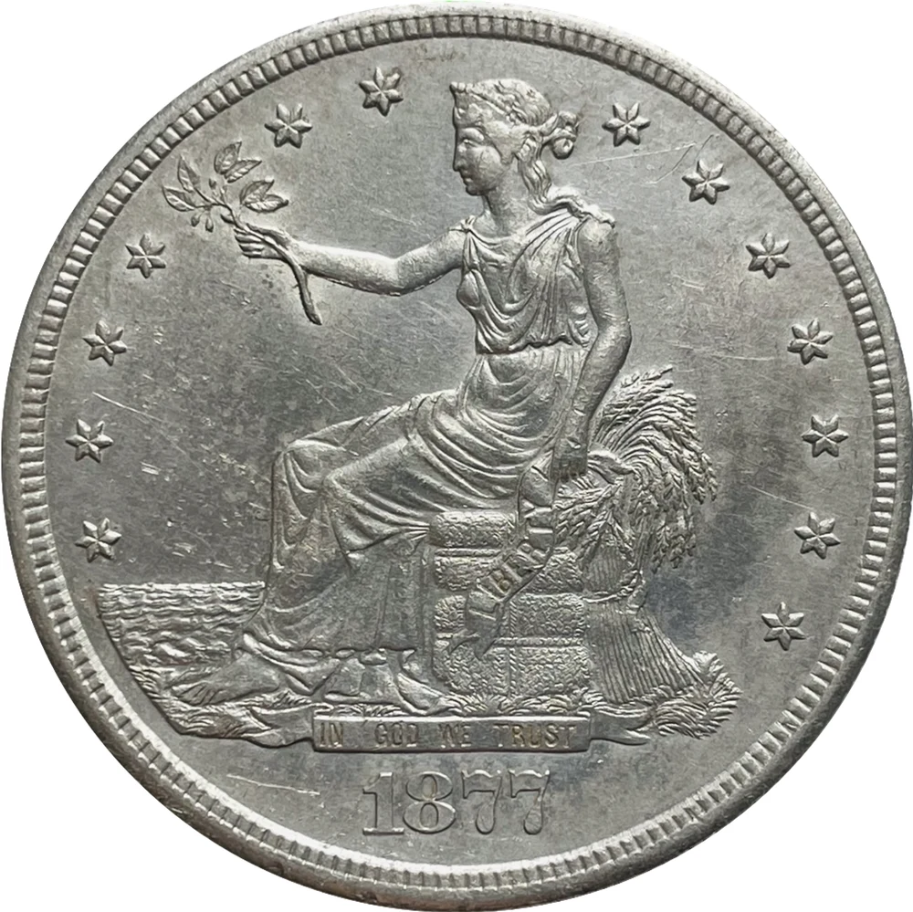 U.S. Trade Dollar obverse: 1877 seated Liberty with olive branch