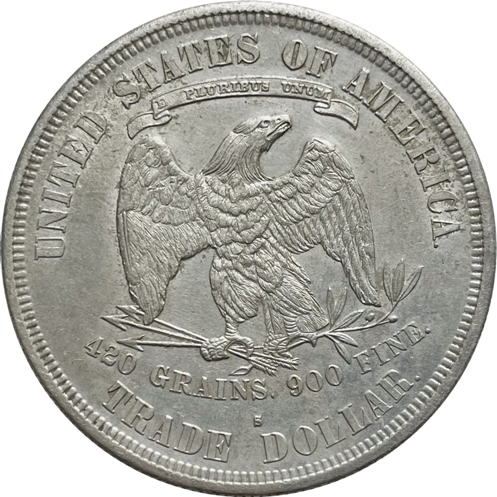 U.S. Trade Dollar reverse: Eagle, 420 GRAINS 900 FINE, TRADE DOLLAR and S