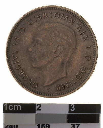 1945 Australian sterling florin obverse — George VI left-facing portrait, with original museum scale
