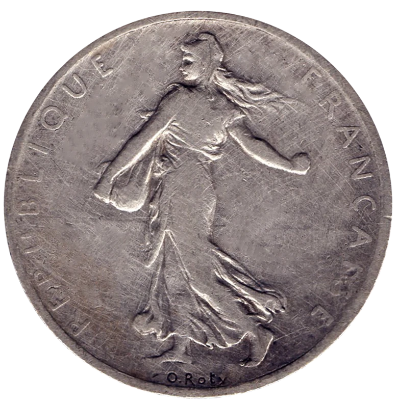1899 French .835 silver two-franc obverse — Sower, République Française and O. Roty lettering