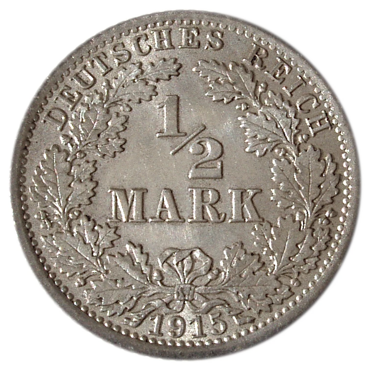 1915-A German Empire silver half mark obverse — denomination, wreath and date