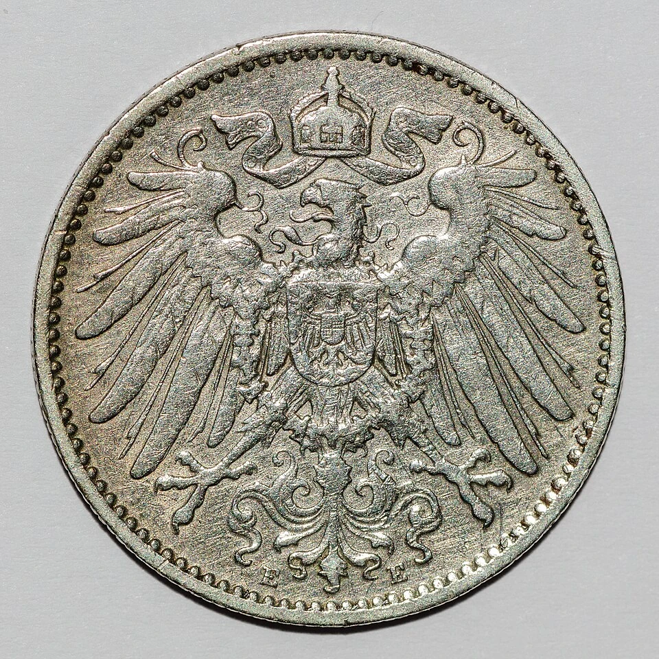 1905-G German Empire silver one mark reverse — crowned imperial eagle, shield and mint letter