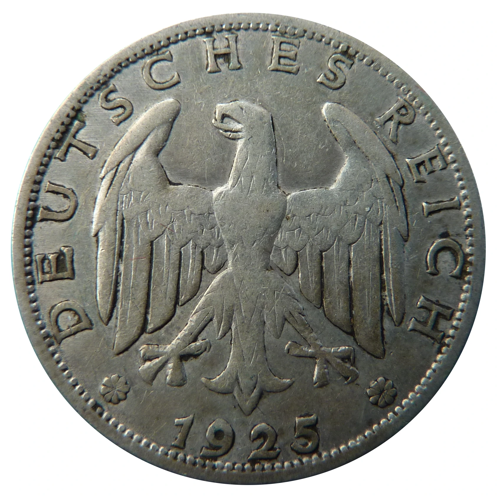 1925-A Weimar silver one-Reichsmark obverse — eagle, Deutsches Reich and date