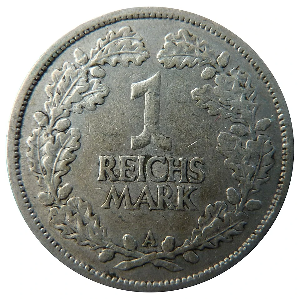 1925-A Weimar silver one-Reichsmark reverse — denomination inside wreath and mint letter
