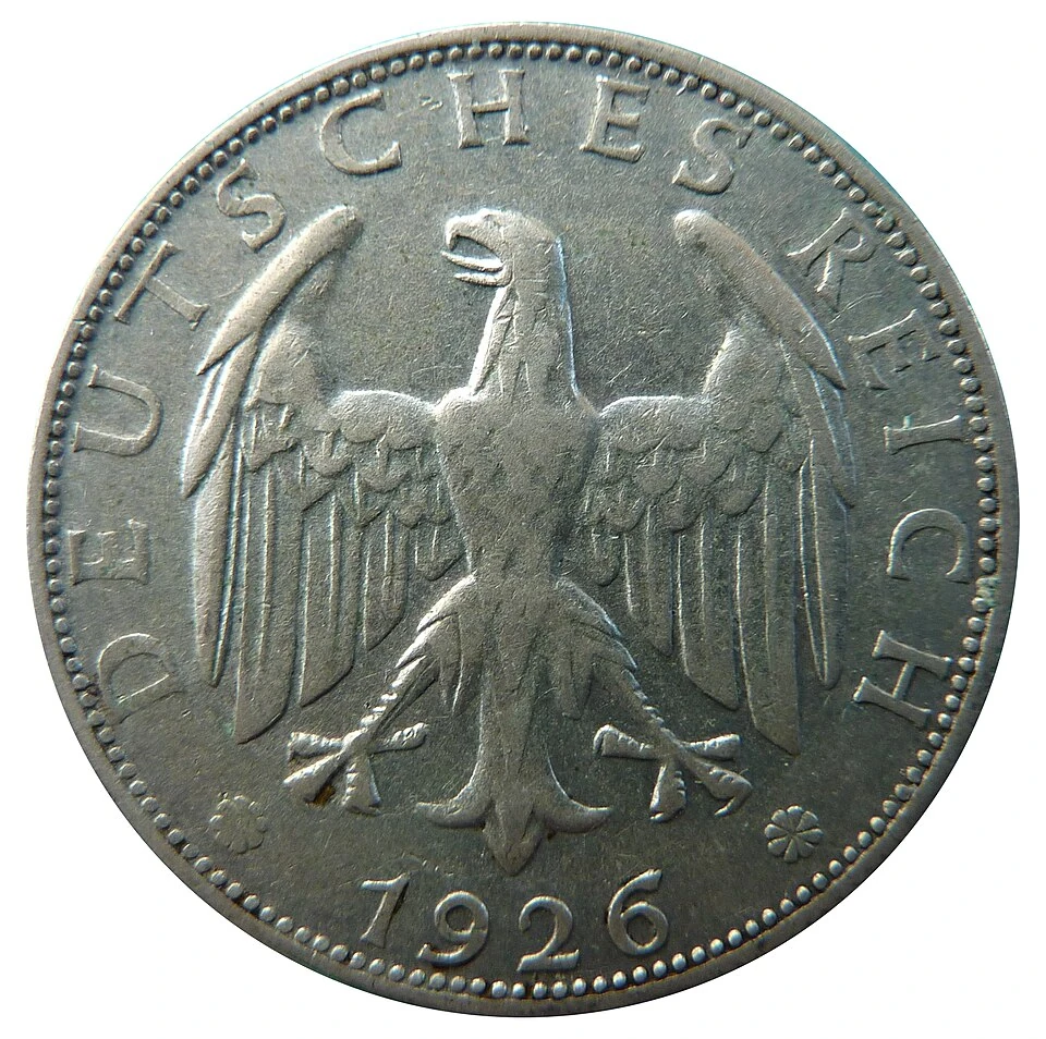 1926-D Weimar silver two-Reichsmark obverse — eagle, Deutsches Reich and date