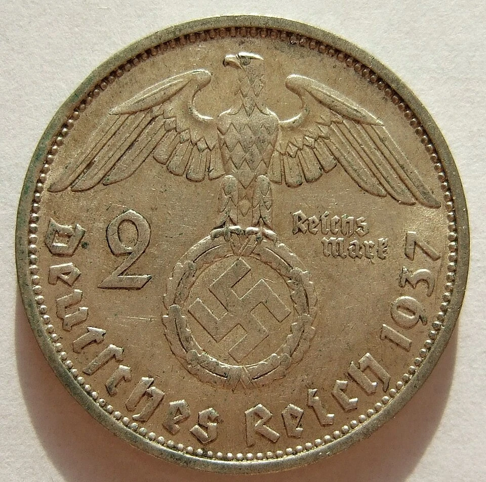 1937-F German silver two-Reichsmark obverse — eagle, wreath, period swastika, denomination and issue date