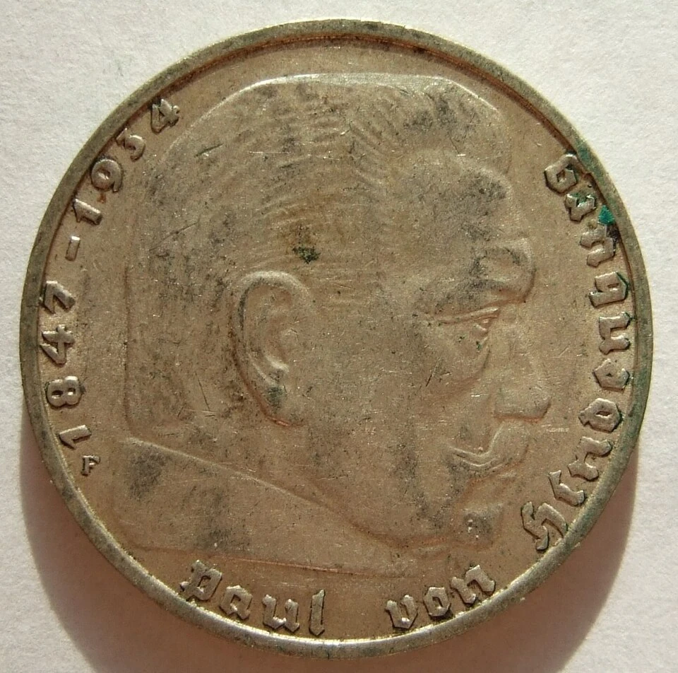 1937-F German silver two-Reichsmark reverse — Hindenburg portrait, life dates and F mint mark
