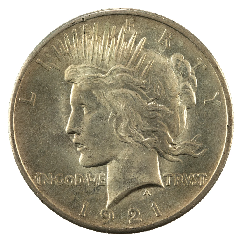 Original Peace Silver Dollar — 1921–1935 obverse — 1921 high-relief Peace dollar, representative original silver issue; later original issues have different relief