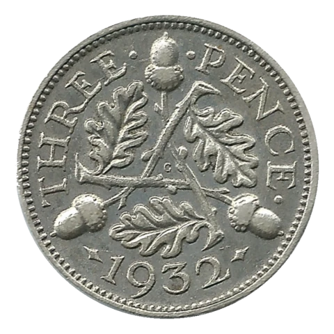 1932 KM831 oak-leaf threepence reverse — denomination, complete date and dated reverse design