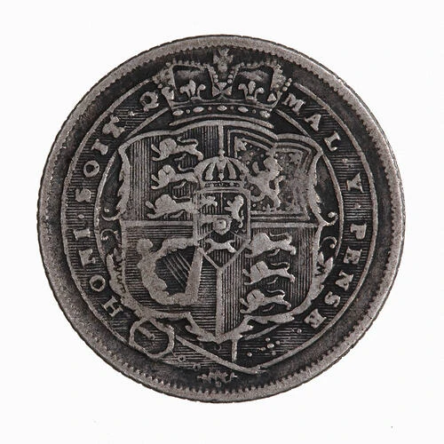 1816 British sixpence reverse with the crowned royal shield inside the Garter