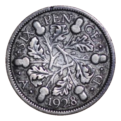 1928 KM832 oak-leaf sixpence reverse — denomination, full date and dated reverse design