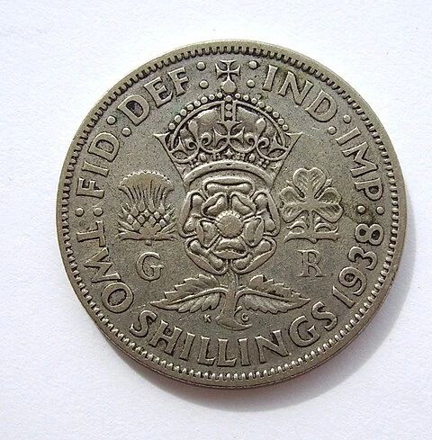 1938 KM855 George VI florin reverse — denomination, full date and dated reverse design