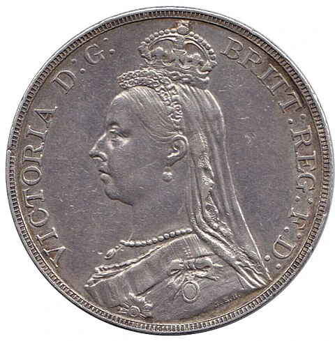 1891 Victoria Jubilee sterling crown obverse — small-crown and veil portrait facing left