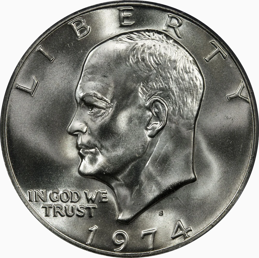 Eisenhower Dollar — 40% Silver obverse — 1974-S forty-percent-silver specimen; standard Apollo eagle reverse, not Bicentennial design. Source specimen certification does not grade another coin.
