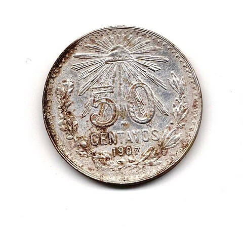 1907 Mexican Large .800 Silver Fifty Centavos reverse: Radiant Liberty cap, 50CENTAVOS and1907