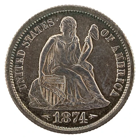 1874 Seated Liberty Dime — Increased 2.5-Gram Standard obverse; complete photographed coin face