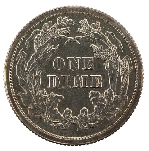 1874 Seated Liberty Dime — Increased 2.5-Gram Standard reverse; complete photographed coin face