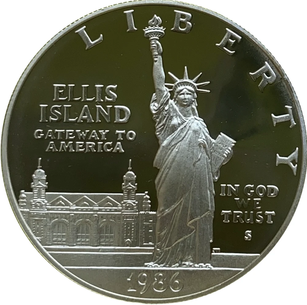 1986 Statue of Liberty Silver Dollar obverse: 1986-S Statue of Liberty and Ellis Island