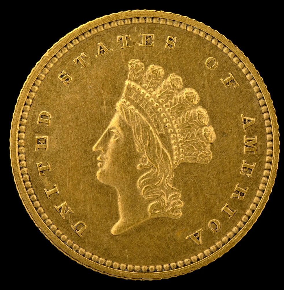 Indian Princess Gold Dollar — Type II Small Head obverse — 1854 Type 2 Indian Princess small-head gold dollar