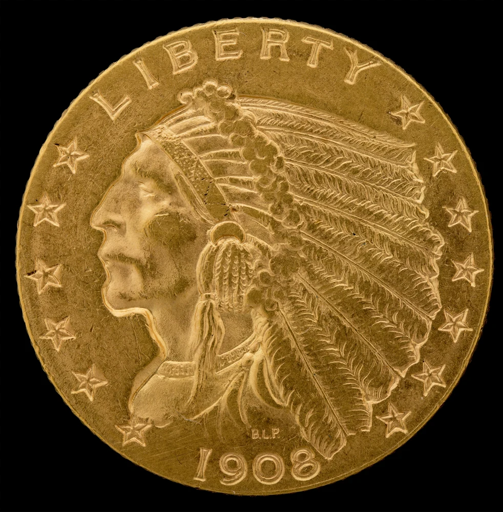 Indian Head Quarter Eagle — Incuse $2½ obverse — 1908 incuse Indian Head quarter eagle, $2½ denomination