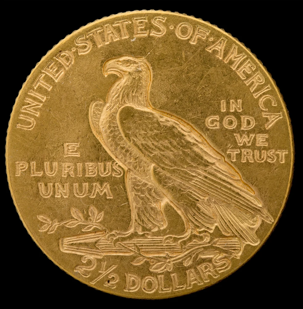 Indian Head Quarter Eagle — Incuse $2½ reverse — 1908 incuse Indian Head quarter eagle, $2½ denomination