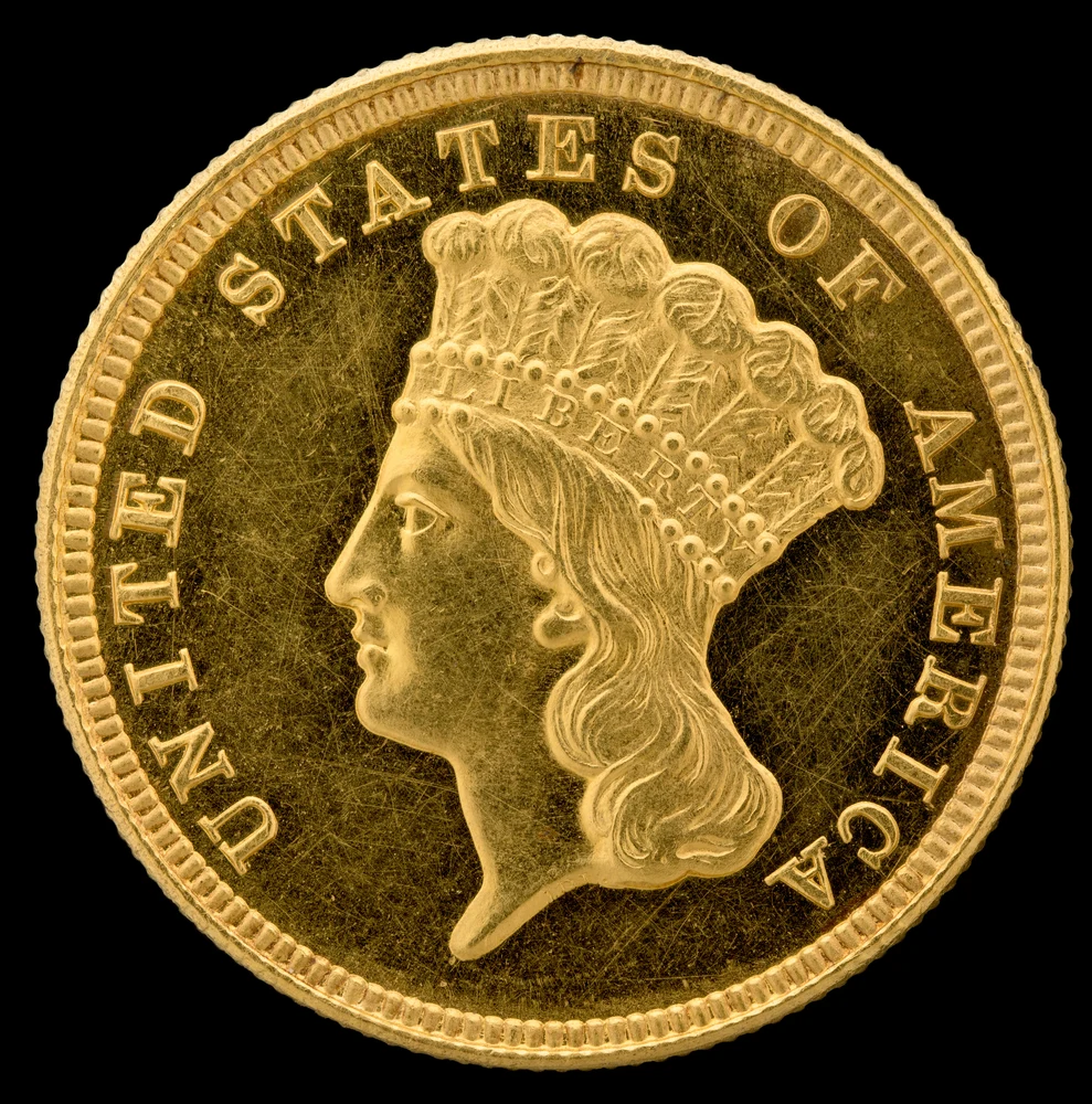 Indian Princess Three-Dollar Gold Piece obverse — 1854 Indian Princess three-dollar gold piece