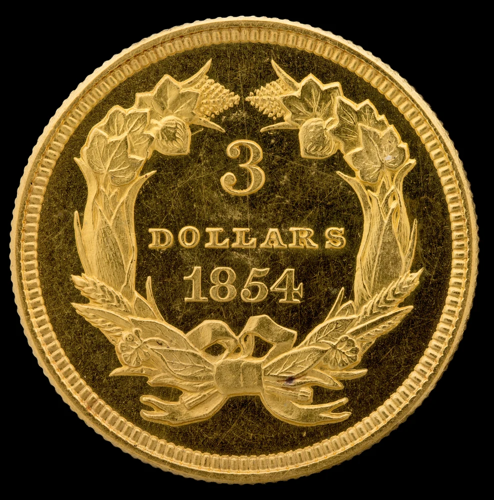 Indian Princess Three-Dollar Gold Piece reverse — 1854 Indian Princess three-dollar gold piece