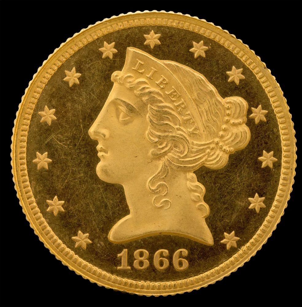 Liberty Head Half Eagle — $5 obverse — 1866 Liberty Head half eagle with motto; earlier issues lack this reverse motto