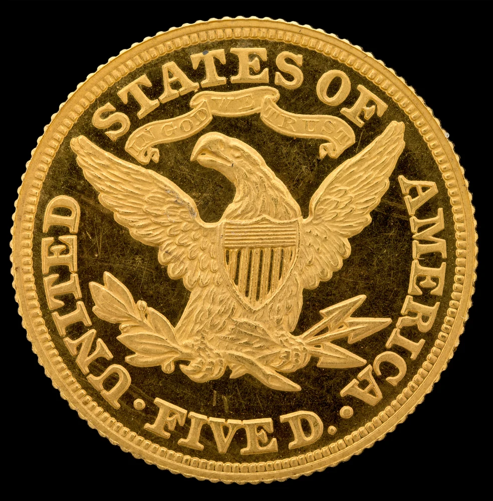 Liberty Head Half Eagle — $5 reverse — 1866 Liberty Head half eagle with motto; earlier issues lack this reverse motto