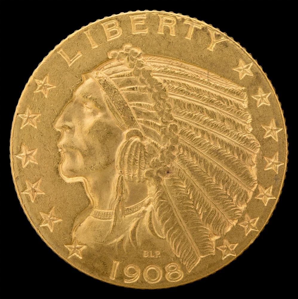Indian Head Half Eagle — Incuse $5 obverse — 1908 incuse Indian Head half eagle, $5 denomination