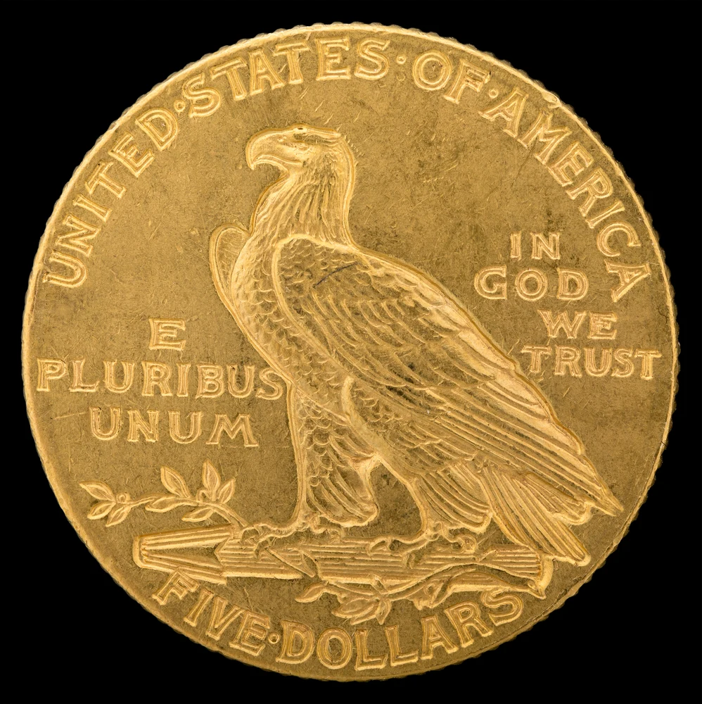 Indian Head Half Eagle — Incuse $5 reverse — 1908 incuse Indian Head half eagle, $5 denomination