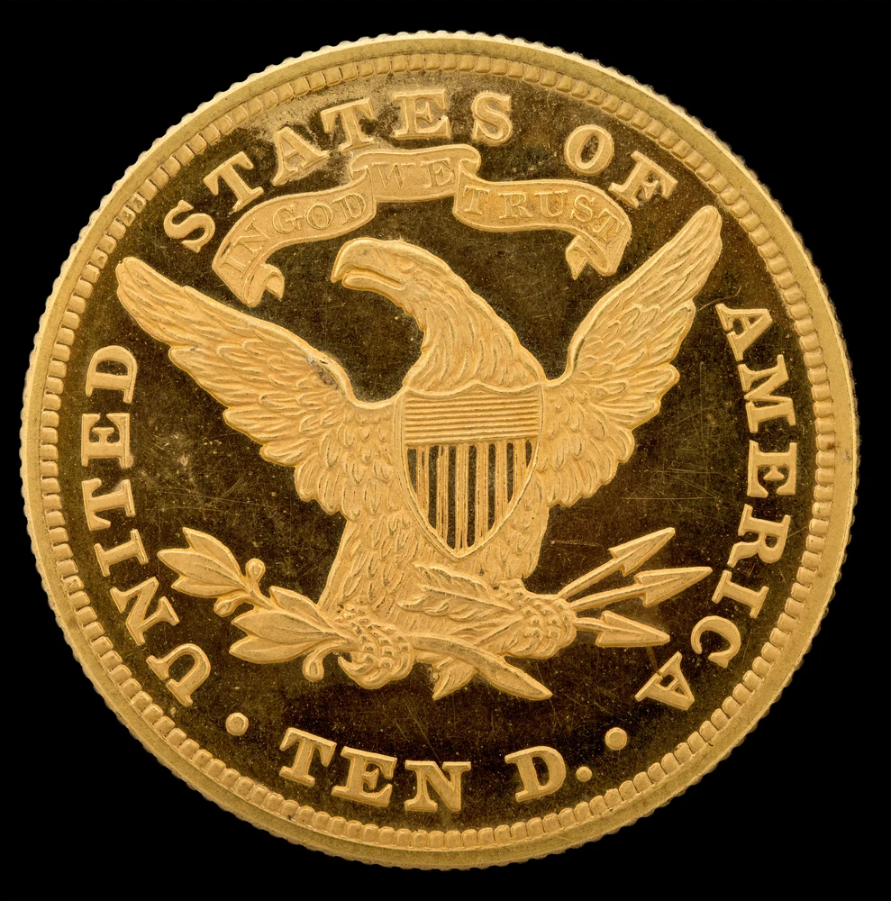 Liberty Head Eagle — $10 reverse — 1866 Liberty Head eagle with motto; earlier portrait/reverse subtypes differ
