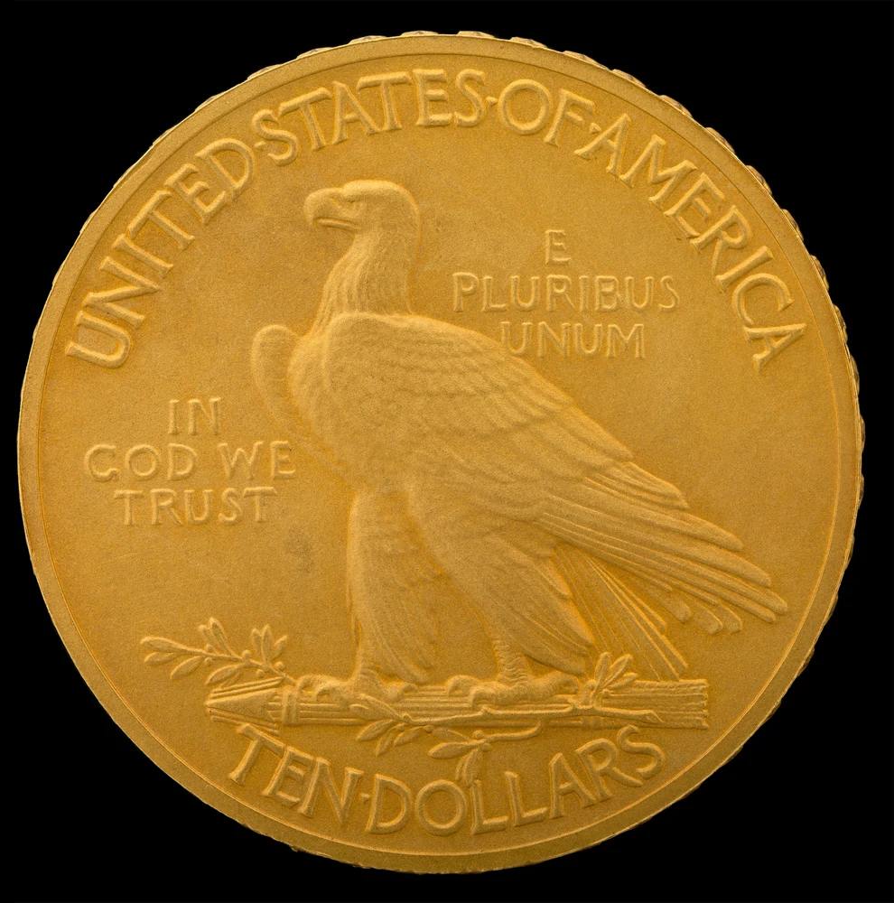 Indian Head Eagle — Saint-Gaudens $10 reverse — 1908 Indian Head eagle with motto; initial 1907 issues lack this motto